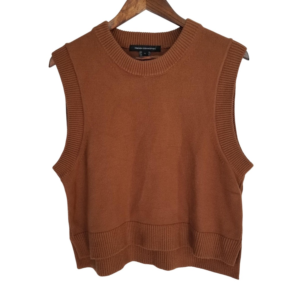 French Connection Womens Brown Crew Neck Knit Sweater Vest High Low Hem Large